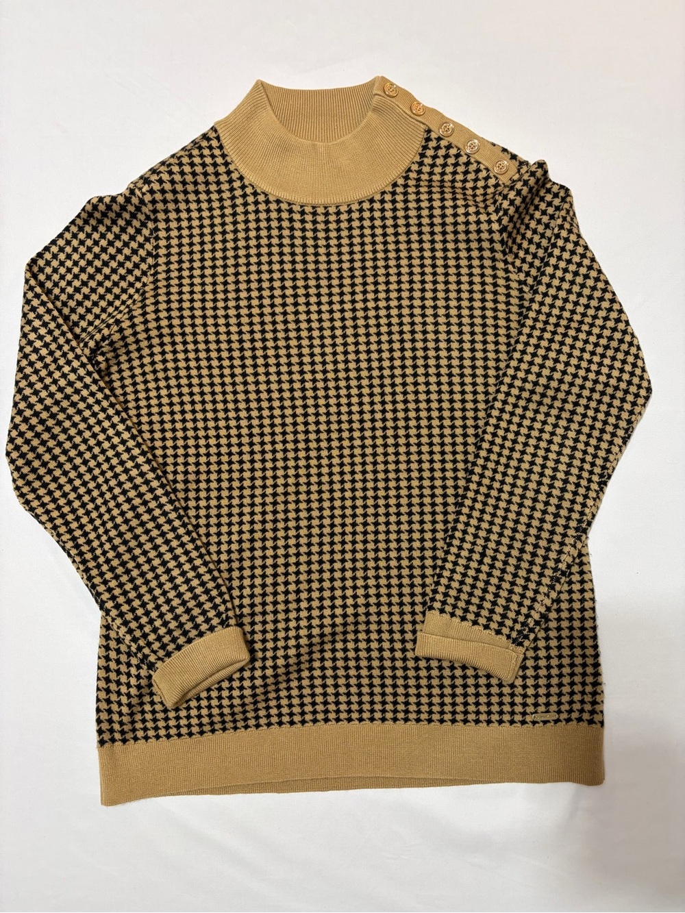 Calvin Klein Houndstooth Mock Neck Sweater Womens M Gold Buttons Preppy Fall